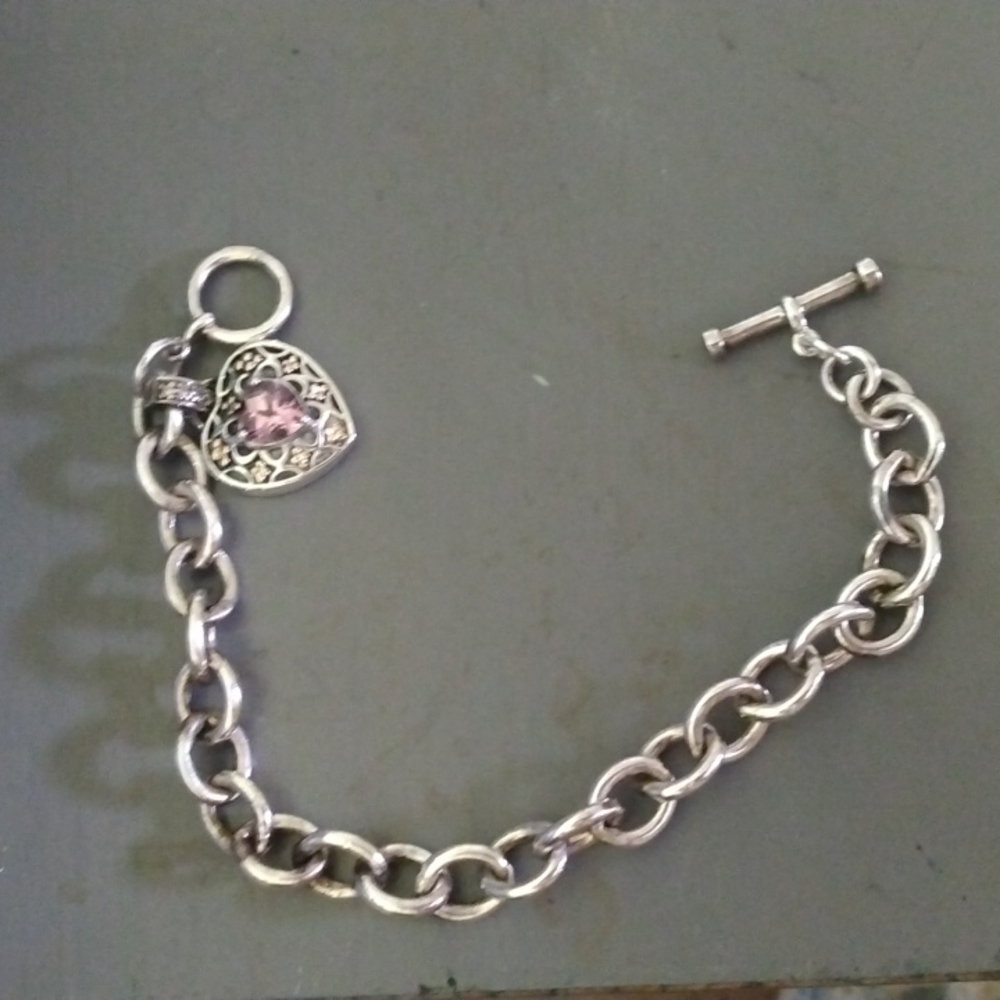 Sadye L Vassir 14 k & Sterling Designer  Diamond & Pink Sapphire Heart Bracelet - Picture 2 of 5